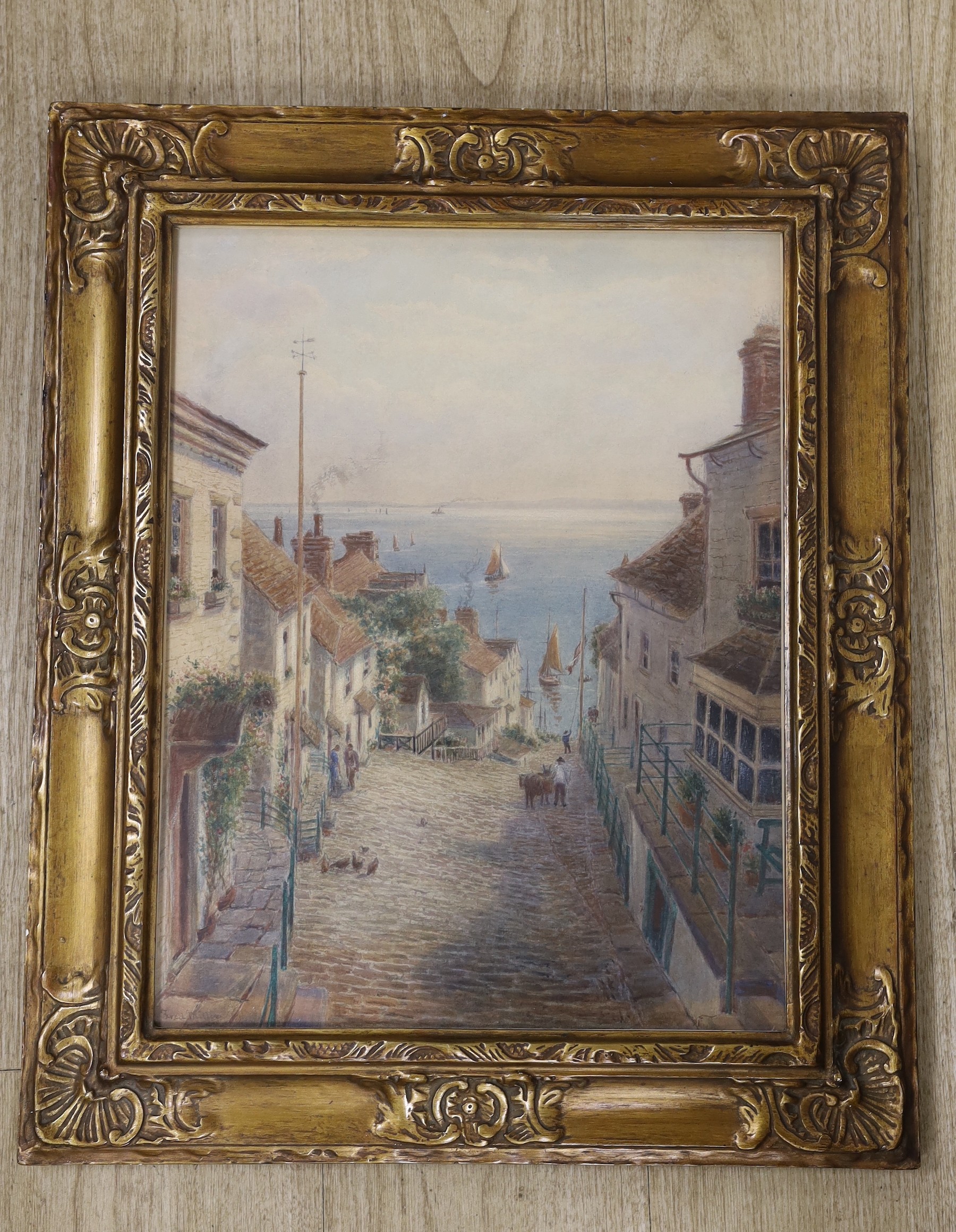 Fred Miller (1800-1892), watercolour, Cornish coastal street scene, signed, 45 x 35cm